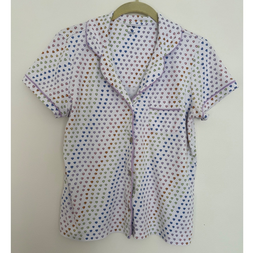Roller Rabbit Hearts Pajama Top Womens Medium Pima Cotton Rainbow Button Down